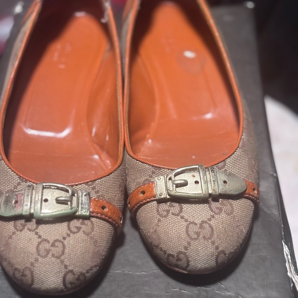 Gucci Beige Monogram Canvas Buckle Flats with Orange Trim